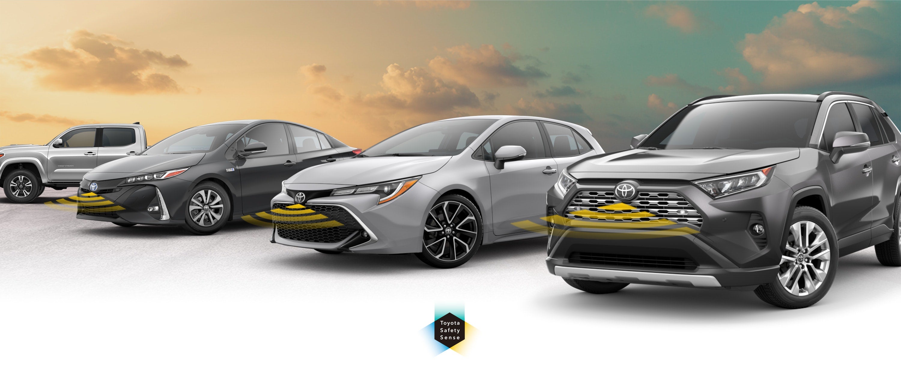 Toyota Safety Sense: Designed for Safety. Options shown on Toyota models including RAV4, Tacoma, and Camry, available now at Newbold Toyota in O Fallon IL.