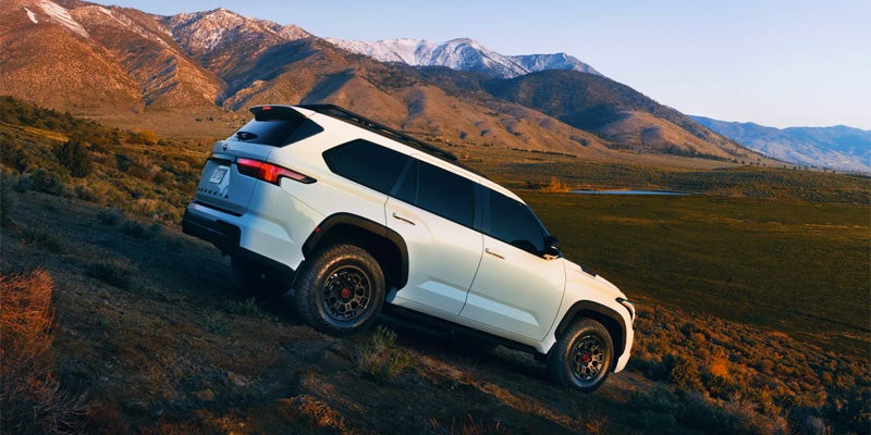 View of White Sequoia driving down mountain