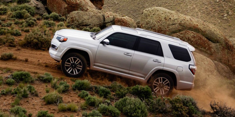 A white 2024 Toyota 4Runner drives up a dirt road