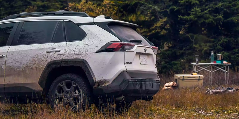 Rearview of a white 2024 Toyota RAV4